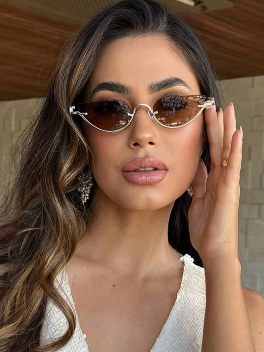 Retro cat eye sunglasses with half metal frame and brown lenses