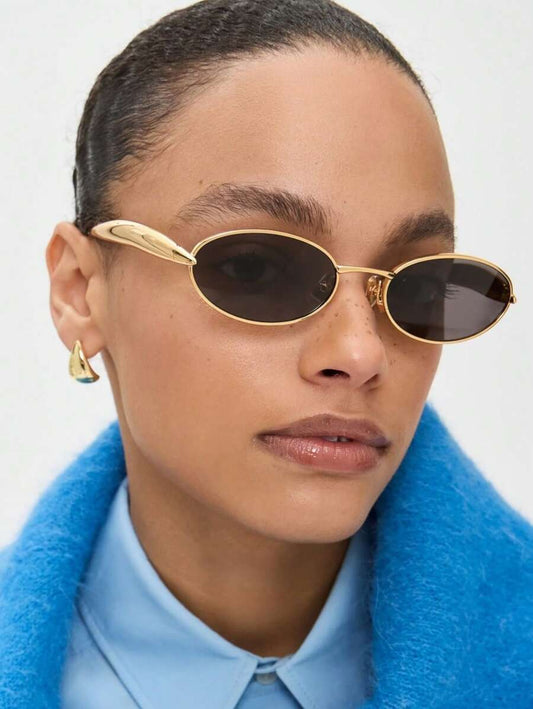 Small oval retro sunglasses with gold frame and black lenses
