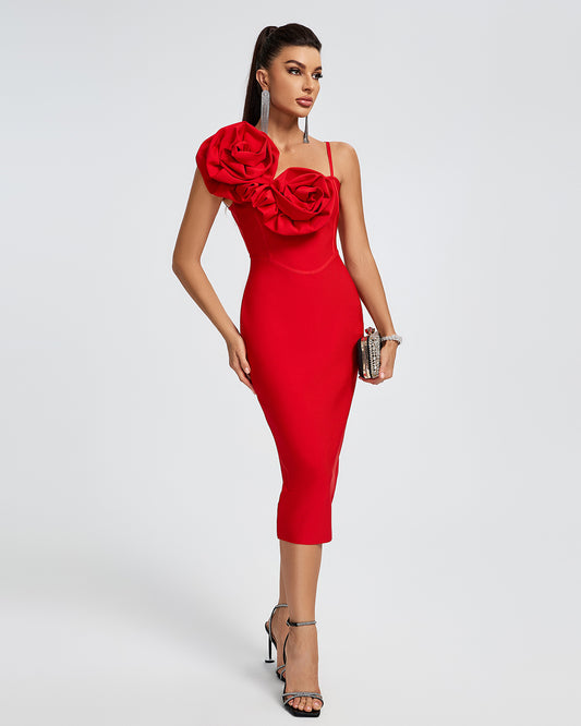 Fiona Red Bandage Dress with 3D Rose – Romantic Statement Midi Dress