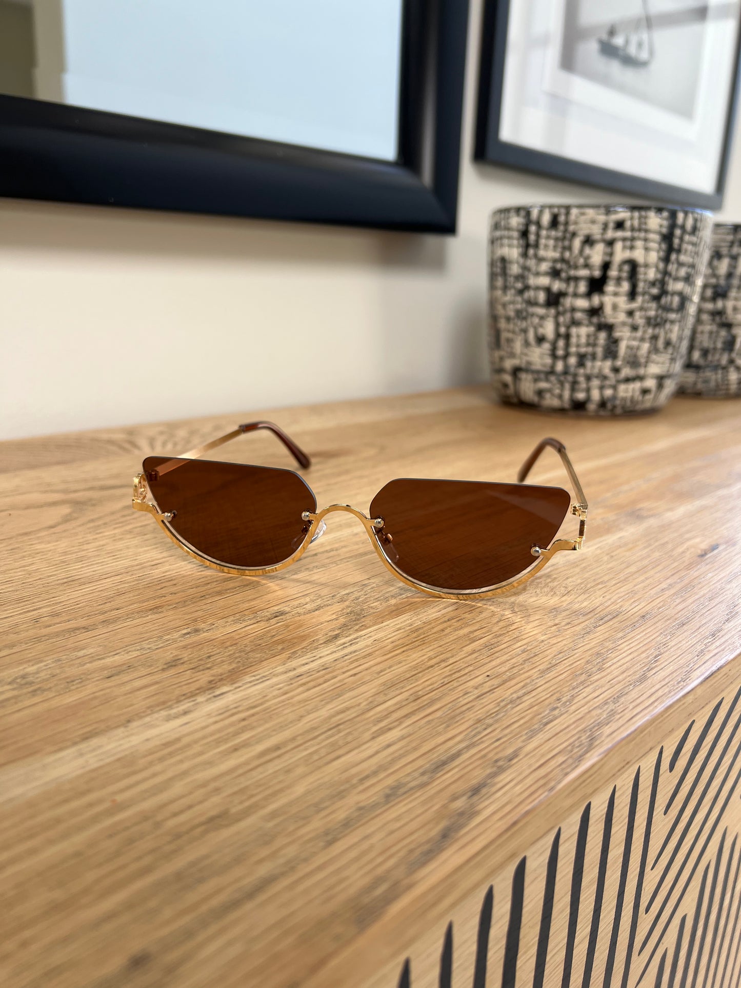 Retro Cat Eye Sunglasses – Half Frame Brown Lens Vintage Shades