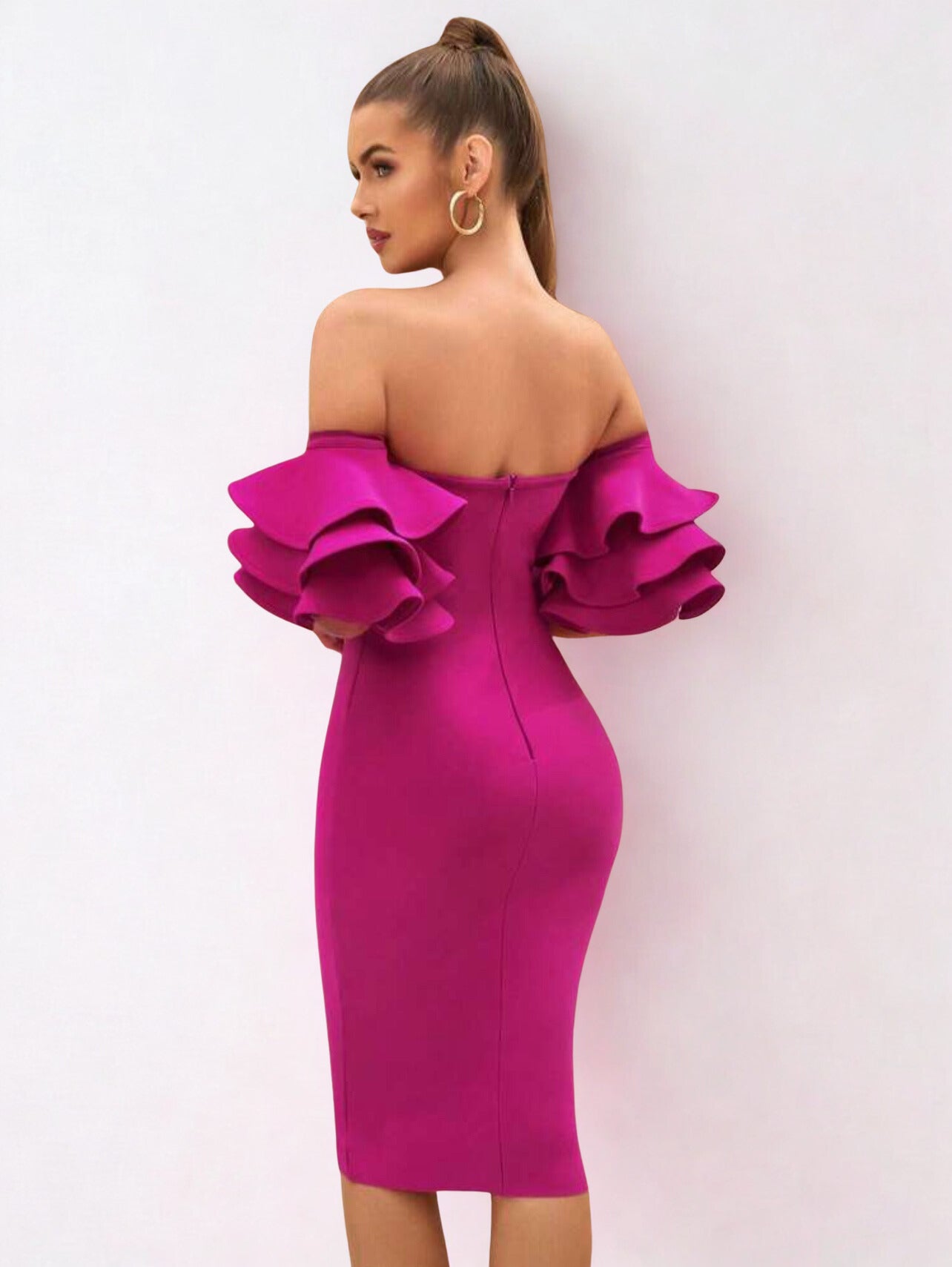 “Elegant hot pink evening bandage dress, midi length with bustier fit”