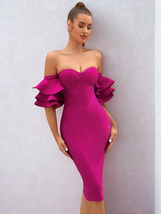 “Hot pink off shoulder ruffle bandage midi dress – cocktail party outfit”