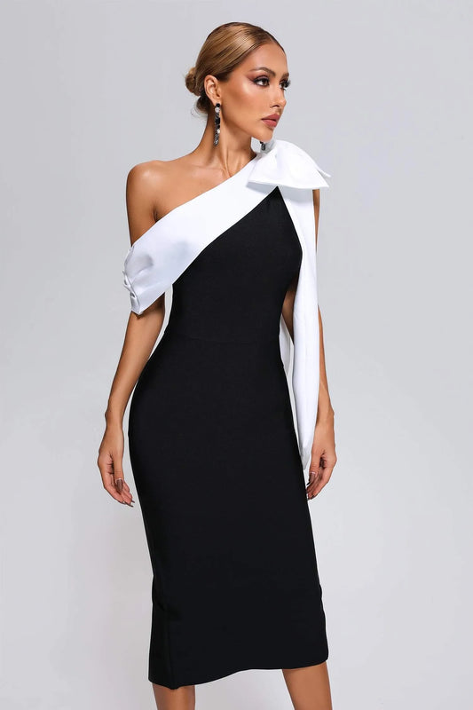 Black one-shoulder midi bandage dress with white drape – elegant evening style