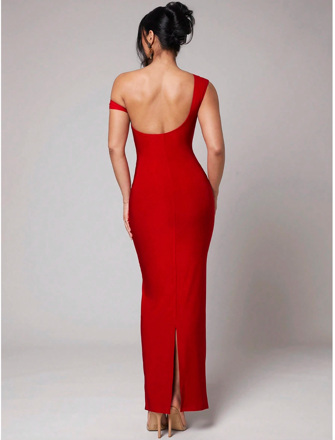 “Back design of Elena Bodycon Dress – red one-shoulder maxi evening dress from Gillian & Co”