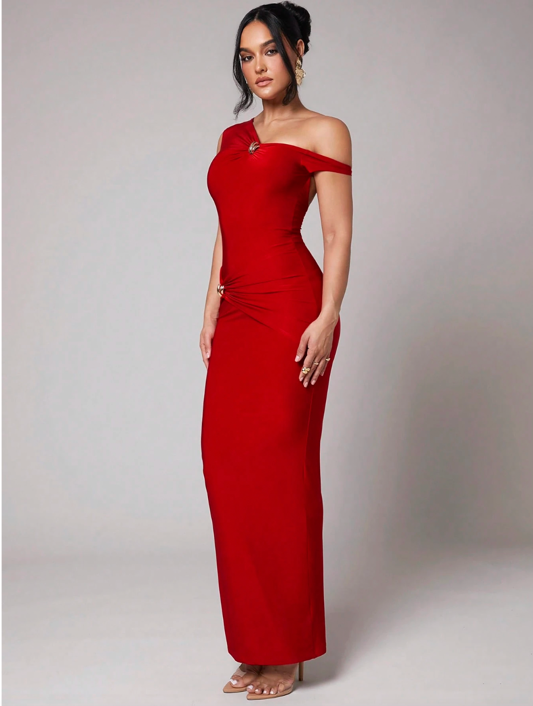 Elena Bodycon Dress in bold red – side profile of one-shoulder bodycon maxi dress”